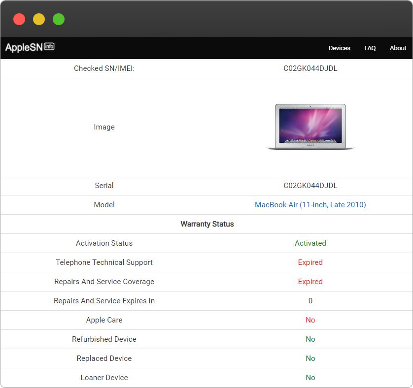 Apple MacBook Air (11-inch, Late 2010) Serial Number Lookup