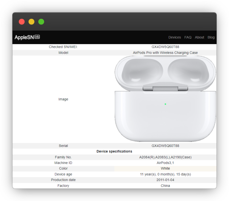 Búsqueda del número de serie de Apple AirPods Pro AppleSN info