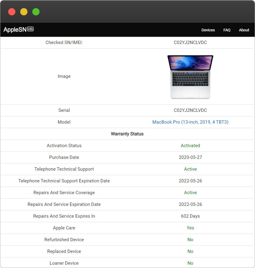 Apple MacBook Pro (13-inch, 2019, Four Thunderbolt 3 ports) Serial